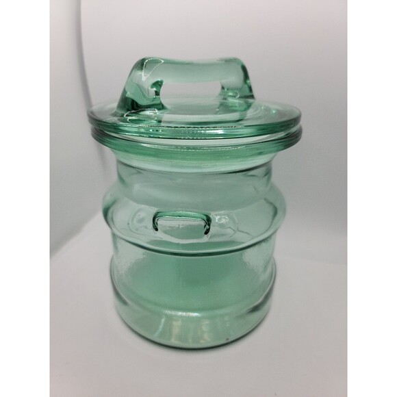 L E Smith Glass Milk Can Shaped Green Apothecary Cookie Jar Canister 7.5 " - Picture 2 of 7
